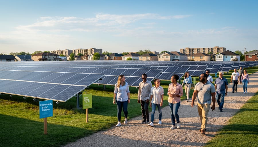Ground-mounted community solar panels in a landscaped garden setting.