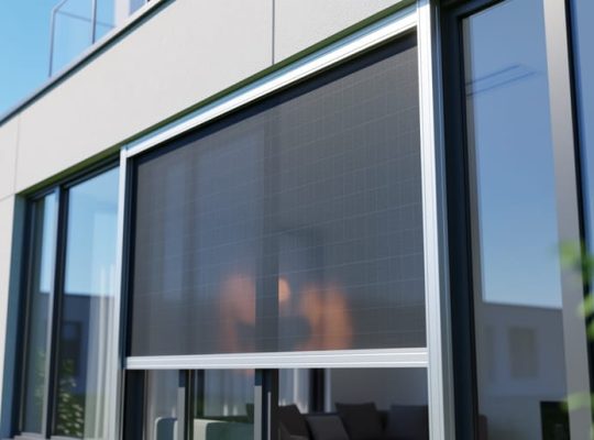Exterior-mounted custom solar window screen installed over a large building window in bright daylight, with the mesh pattern and mounting rails visible.