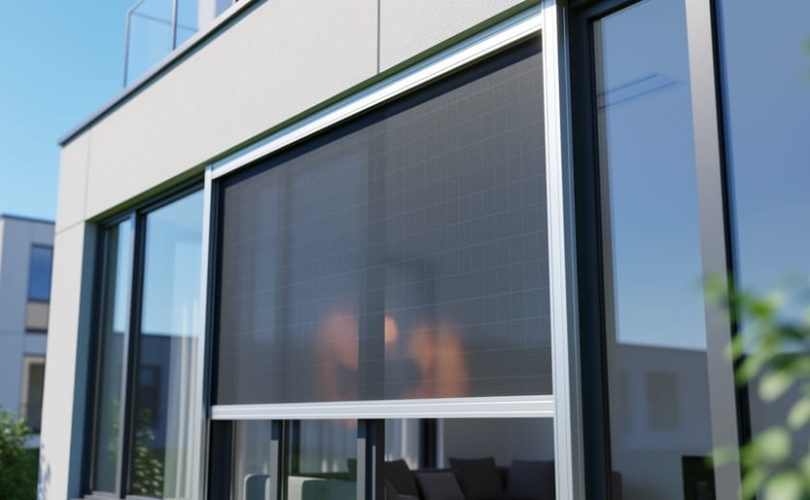 Exterior-mounted custom solar window screen installed over a large building window in bright daylight, with the mesh pattern and mounting rails visible.