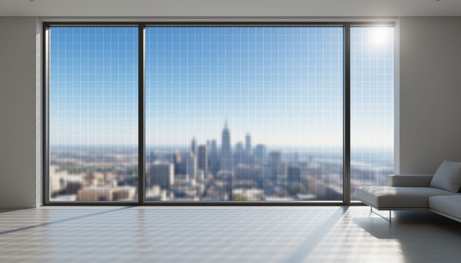 Daylight filtering through a semi-transparent custom solar window screen from inside a room