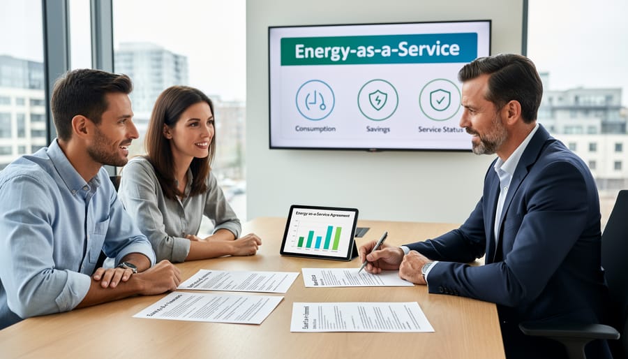 Business representatives discussing an unmarked contract outdoors with solar panels visible in the background