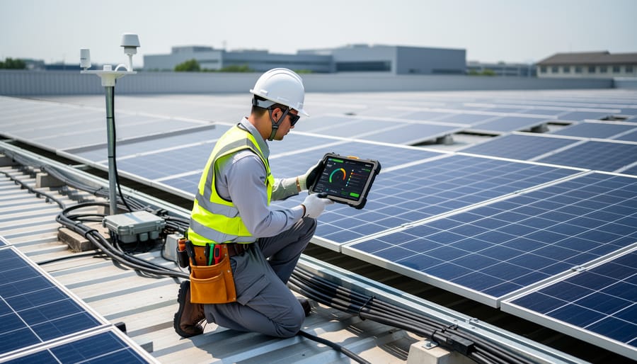 Solar technician inspecting rooftop electrical equipment near solar panels