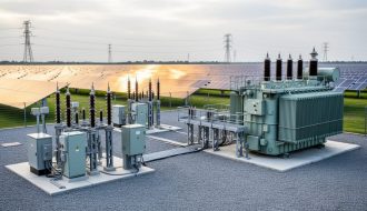 Modern outdoor utility substation equipment with switchgear and a transformer located beside utility-scale solar photovoltaic panels.