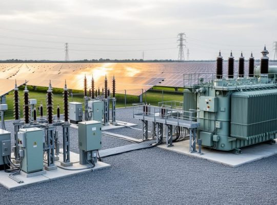 Modern outdoor utility substation equipment with switchgear and a transformer located beside utility-scale solar photovoltaic panels.