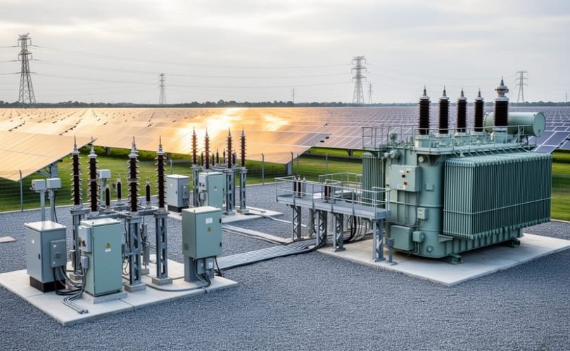 Modern outdoor utility substation equipment with switchgear and a transformer located beside utility-scale solar photovoltaic panels.