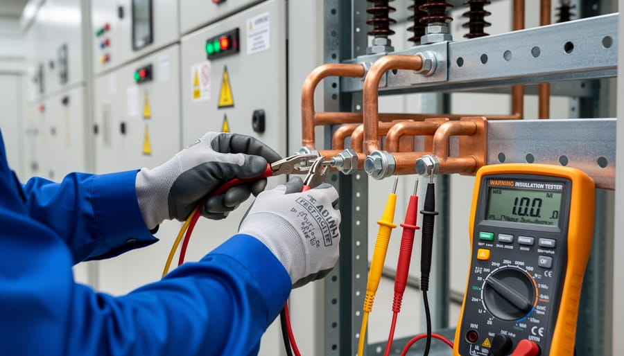 Gloved hands using an electrical test instrument near grounded substation equipment.