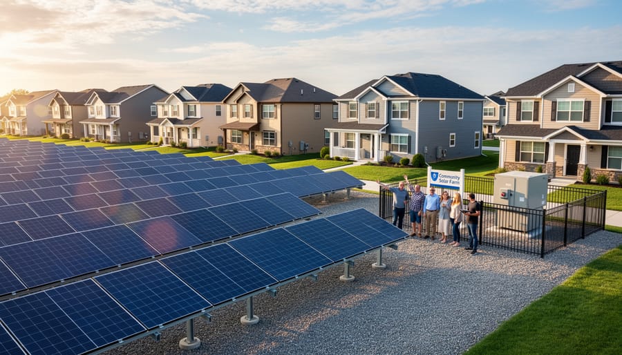 A group of people looking at ground-mounted solar panels in a rural field setting.