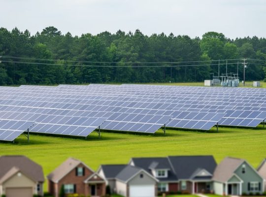 Rows of solar panels in a Georgia field with a distant neighborhood silhouette and utility lines, illustrating shared community solar access.
