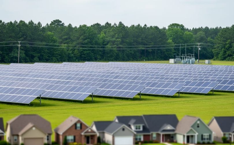 Rows of solar panels in a Georgia field with a distant neighborhood silhouette and utility lines, illustrating shared community solar access.
