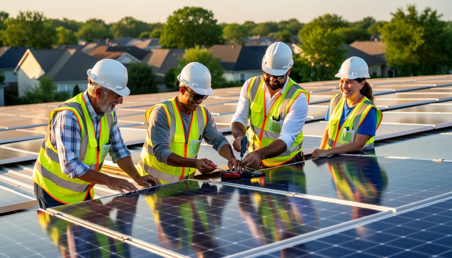 Volunteers and a solar technician collaborate with a solar panel during an interfaith solar project.