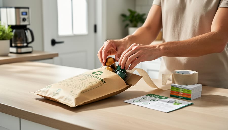 Hands sealing a mail-in recycling bag with empty Keurig K-Cup pods on a desk.