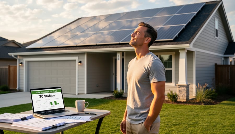 Homeowner standing near residential solar panels on a roof