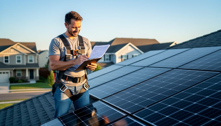 Person standing near a home rooftop solar panel system in soft daylight