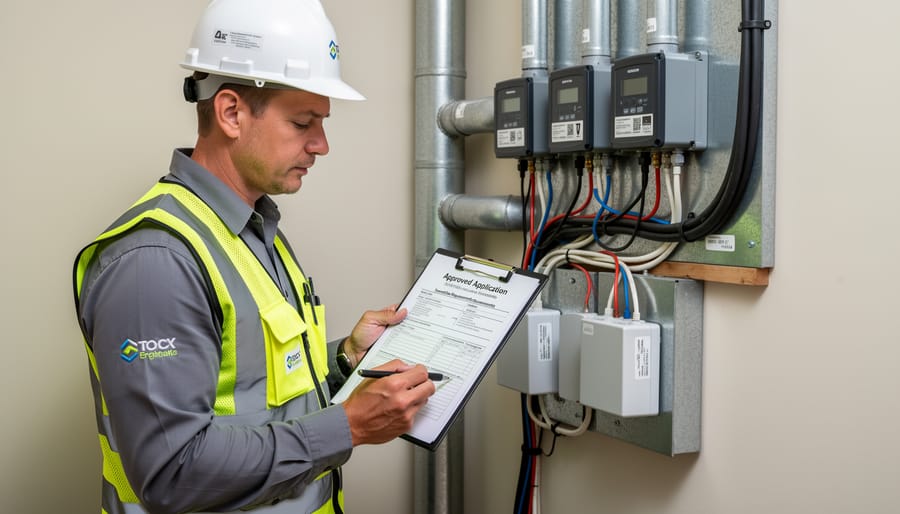 Solar installer in a safety harness inspecting rooftop solar mounting hardware