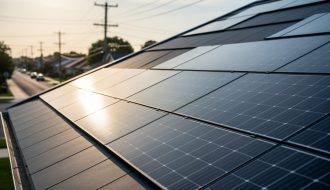 Integrated photovoltaic solar roofing tiles on a modern home roof, shot from a low angle with warm sunlight and a blurred background suggesting nearby power infrastructure.
