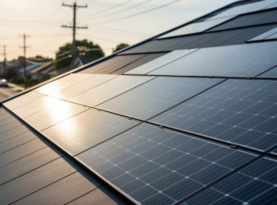 Integrated photovoltaic solar roofing tiles on a modern home roof, shot from a low angle with warm sunlight and a blurred background suggesting nearby power infrastructure.