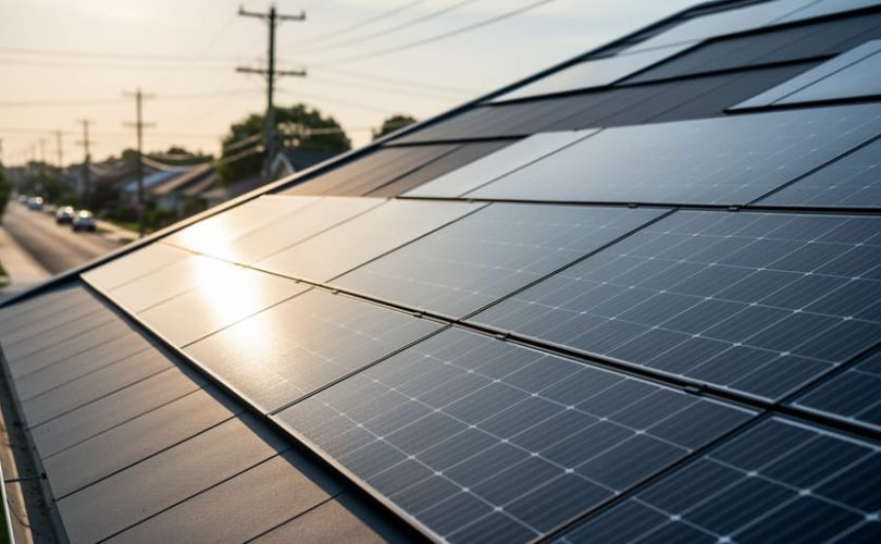 Integrated photovoltaic solar roofing tiles on a modern home roof, shot from a low angle with warm sunlight and a blurred background suggesting nearby power infrastructure.