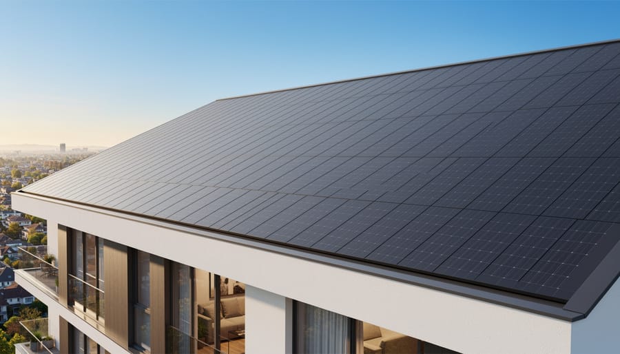 Modern home with integrated solar roof tiles along the roof slope