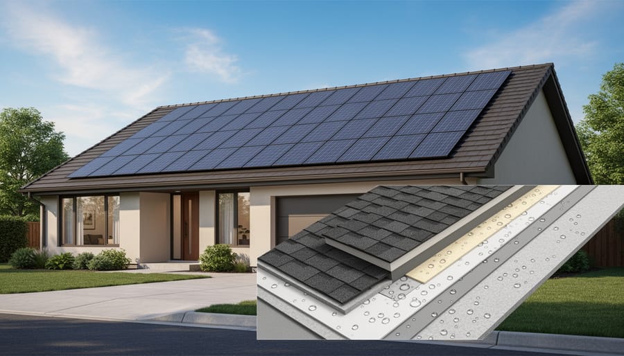 Contractor installing integrated solar roof shingles on a residential pitched roof.