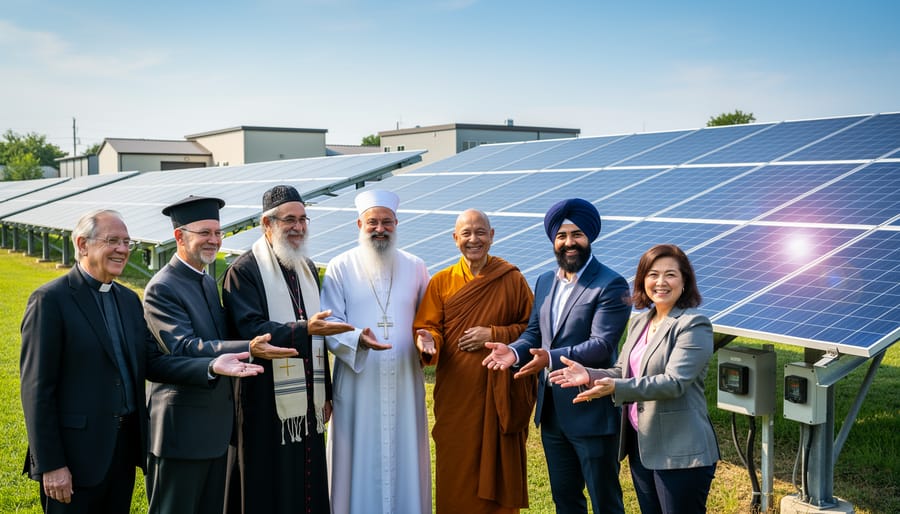 Diverse faith leaders stand together in front of a community solar array.