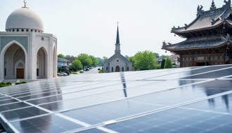 Shared solar panels in front of a mosque, church, and temple, illustrating interfaith collaboration for renewable energy.