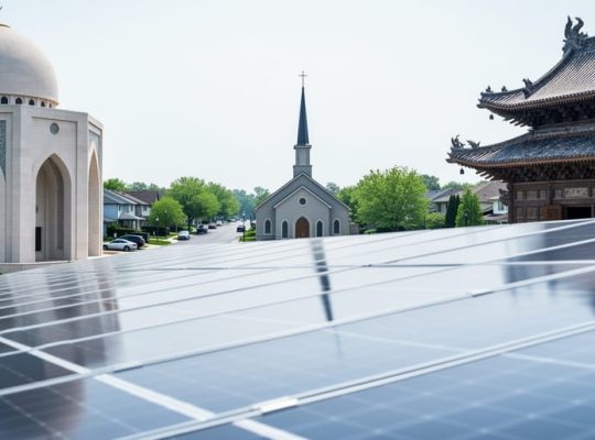 Shared solar panels in front of a mosque, church, and temple, illustrating interfaith collaboration for renewable energy.