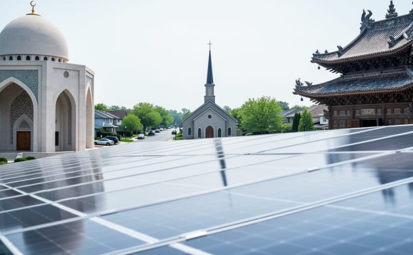 Shared solar panels in front of a mosque, church, and temple, illustrating interfaith collaboration for renewable energy.