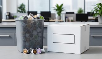 Used K-Cup pods collected in a workplace recycling bin next to a mail-in collection box for return shipping.