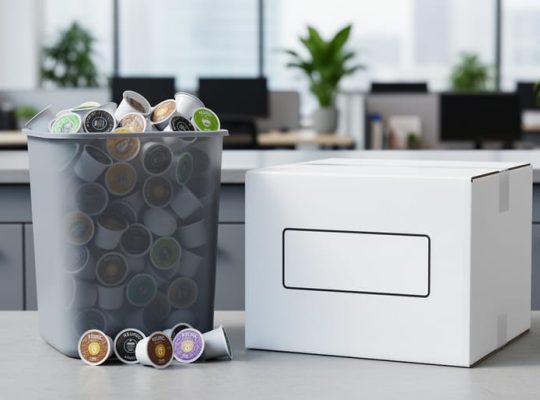 Used K-Cup pods collected in a workplace recycling bin next to a mail-in collection box for return shipping.