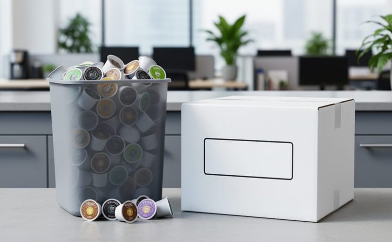 Used K-Cup pods collected in a workplace recycling bin next to a mail-in collection box for return shipping.