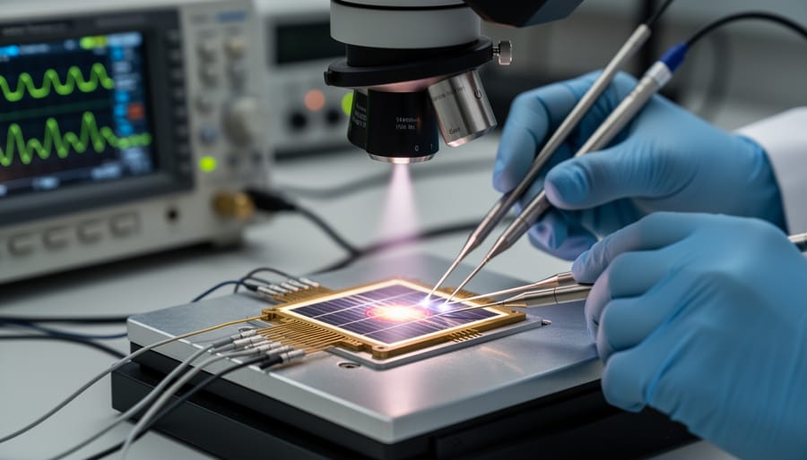 Hand and laboratory equipment in close-up near a solar cell wafer under controlled lighting.