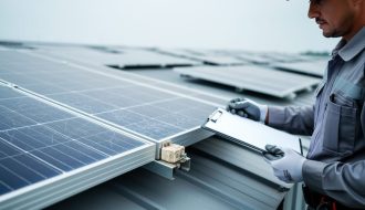 A gloved technician inspecting a rooftop solar panel with visible hairline microcracks on the glass and a junction box, with a blurred solar array in the background.