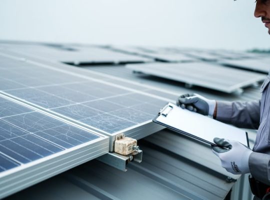A gloved technician inspecting a rooftop solar panel with visible hairline microcracks on the glass and a junction box, with a blurred solar array in the background.