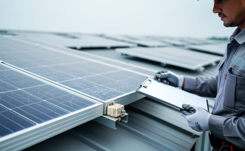 A gloved technician inspecting a rooftop solar panel with visible hairline microcracks on the glass and a junction box, with a blurred solar array in the background.