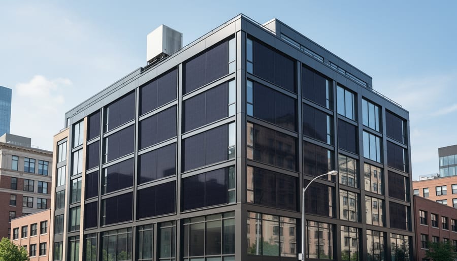 Modern building facade with custom solar window screens installed across large windows
