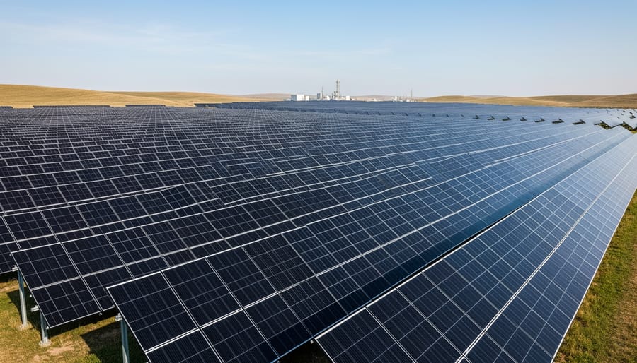 Solar panels in a modern solar farm at sunrise with warm golden light reflecting off the array.