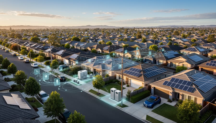 Neighborhood rooftops with integrated solar systems visible at dusk