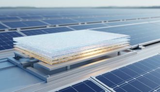Photorealistic solar array with semi-transparent glowing layered photovoltaic material panels representing next-generation perovskite and tandem cell technologies.