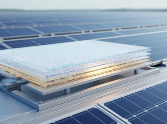 Photorealistic solar array with semi-transparent glowing layered photovoltaic material panels representing next-generation perovskite and tandem cell technologies.