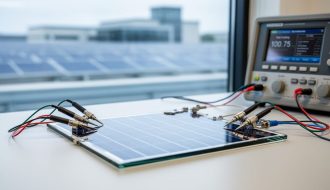 Close-up of a photovoltaic cell on a laboratory testing bench with diagnostic equipment in the background, representing PV efficiency screening.