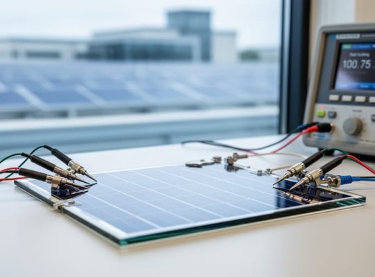 Close-up of a photovoltaic cell on a laboratory testing bench with diagnostic equipment in the background, representing PV efficiency screening.