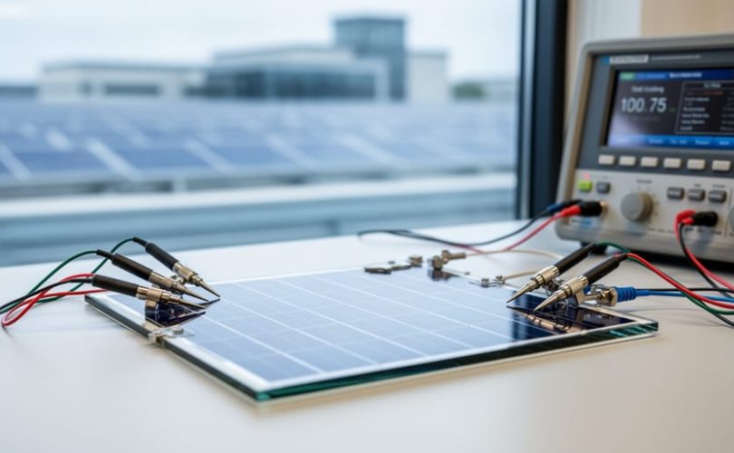Close-up of a photovoltaic cell on a laboratory testing bench with diagnostic equipment in the background, representing PV efficiency screening.
