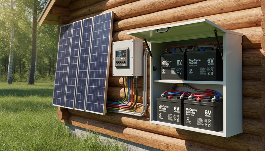 Off-grid cabin porch solar panels and battery equipment arranged for small-scale power storage.