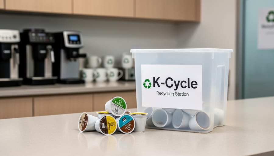 Empty Keurig K-Cup pods next to a recycling bin in an office breakroom.