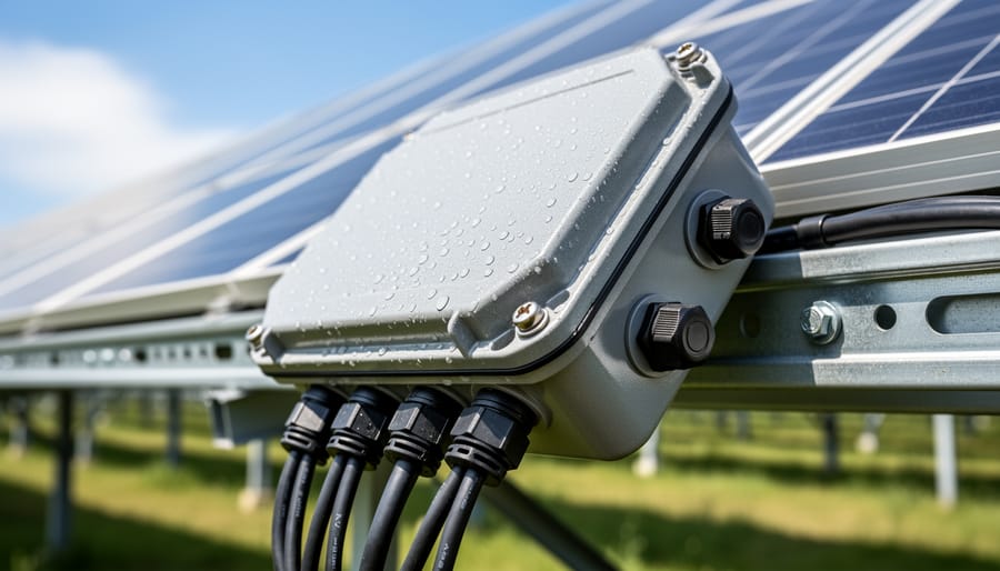 Outdoor solar combiner box mounted on racking with sealed conduits