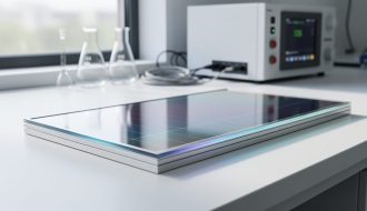 A perovskite solar panel prototype on a lab bench with blurred scientific equipment in the background, photographed with soft daylight.