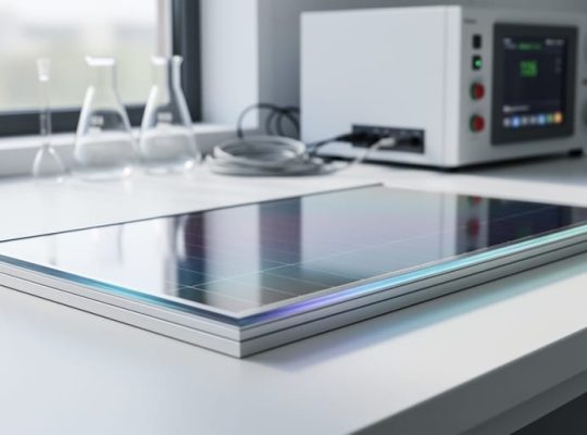 A perovskite solar panel prototype on a lab bench with blurred scientific equipment in the background, photographed with soft daylight.