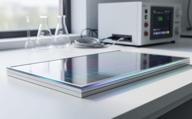 A perovskite solar panel prototype on a lab bench with blurred scientific equipment in the background, photographed with soft daylight.
