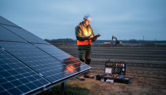 A technician stands beside soil sampling equipment near a solar panel array at an undeveloped site, suggesting environmental Phase I/Phase II assessment preparation.