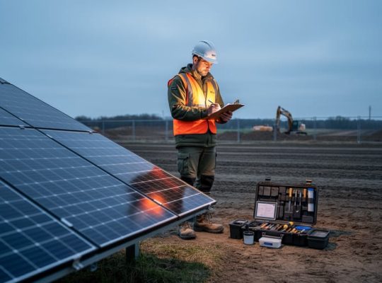 A technician stands beside soil sampling equipment near a solar panel array at an undeveloped site, suggesting environmental Phase I/Phase II assessment preparation.